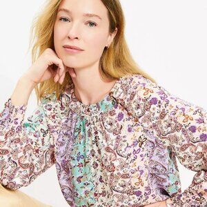 LOFT NWT Herringbone Paisley Button Raglan Blouse